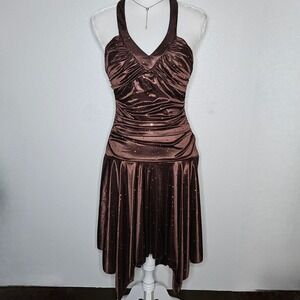 City Triangles Brown Sequin Halter Handkerchief Hem Dress Y2K